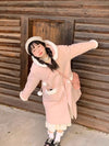 Autumn and Winter 2024 New Sweet Pink Hooded Jacket for Women, Medium to Long, Thick Woolen Coat for Women