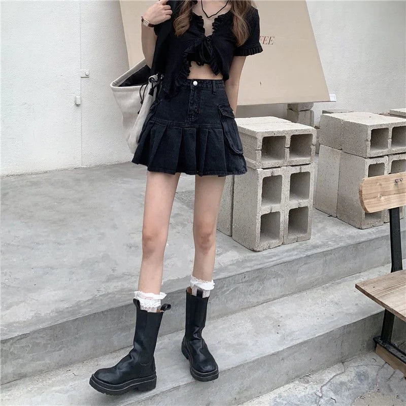 Black Denim Mini Skirt Pleated
