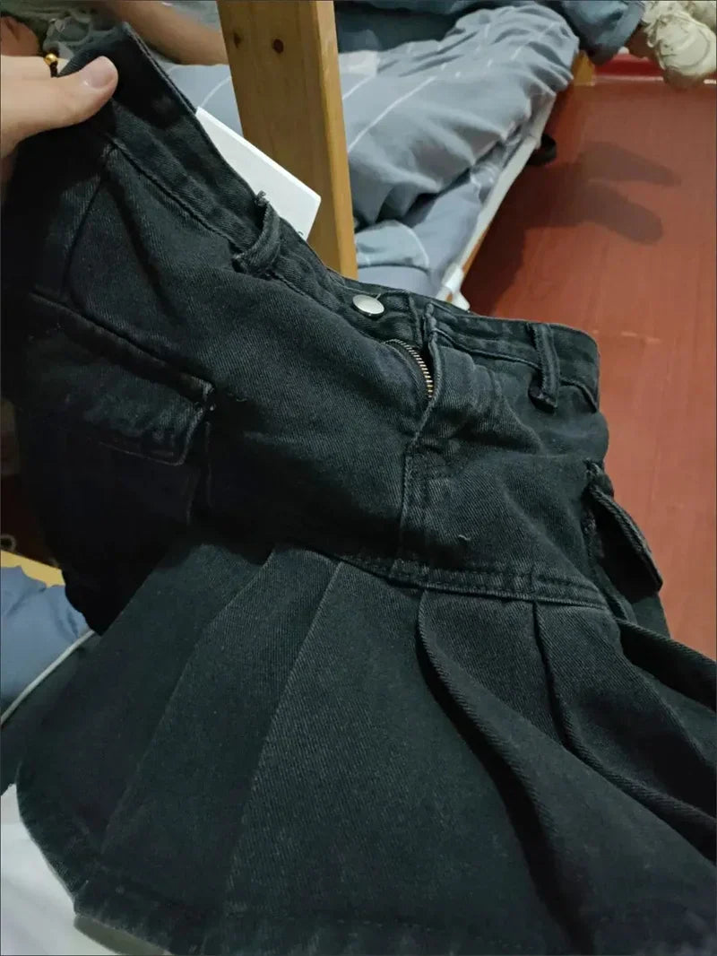 Black Denim Mini Skirt Pleated