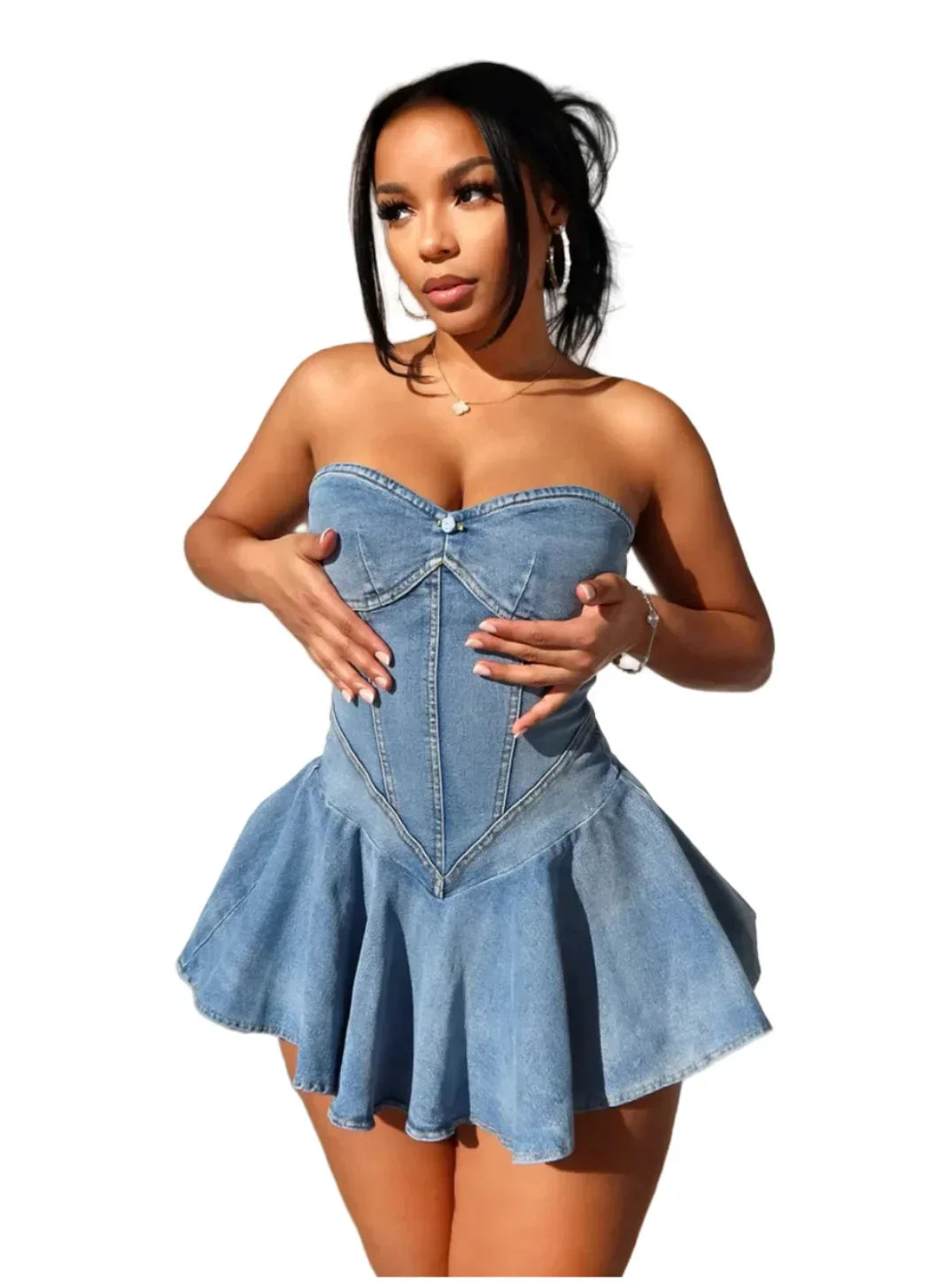 denim corset mini dress Sweet Denim Corset Flare Mini Dress