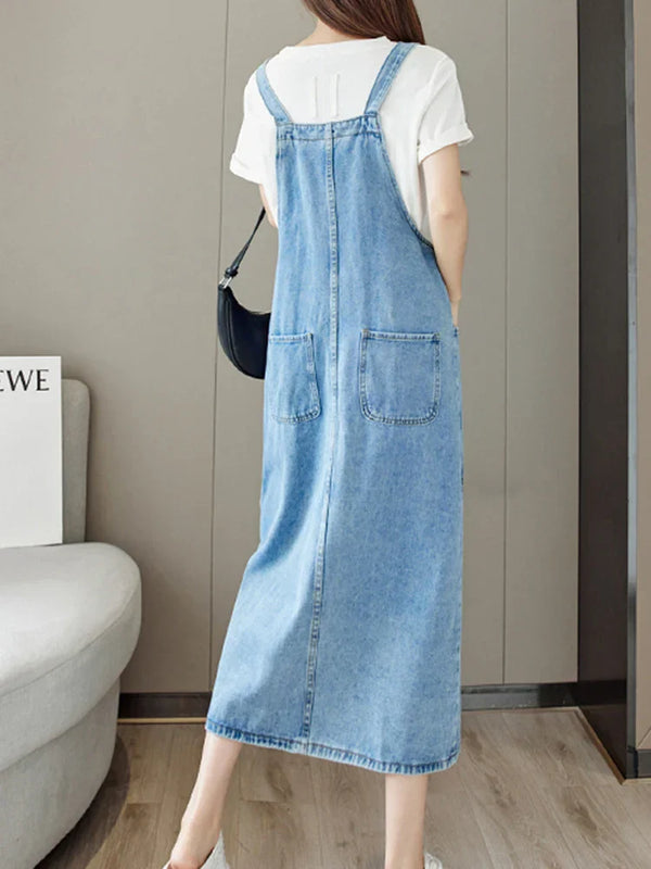 denim overall maxi dress Medium Wash Denim Maxi Dress - All Dresses