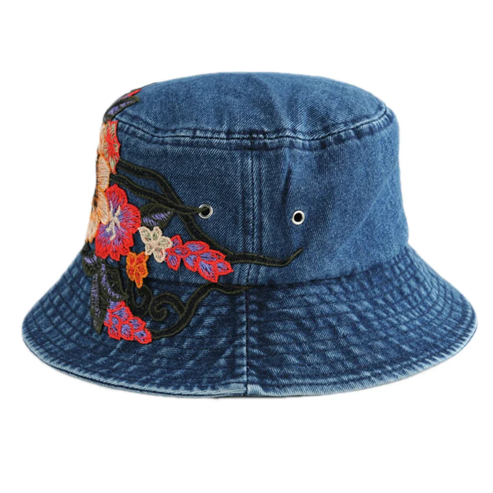 Floral Embroidered Denim Bucket Hat
