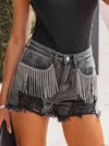 Fringe Rhinestone Denim Shorts