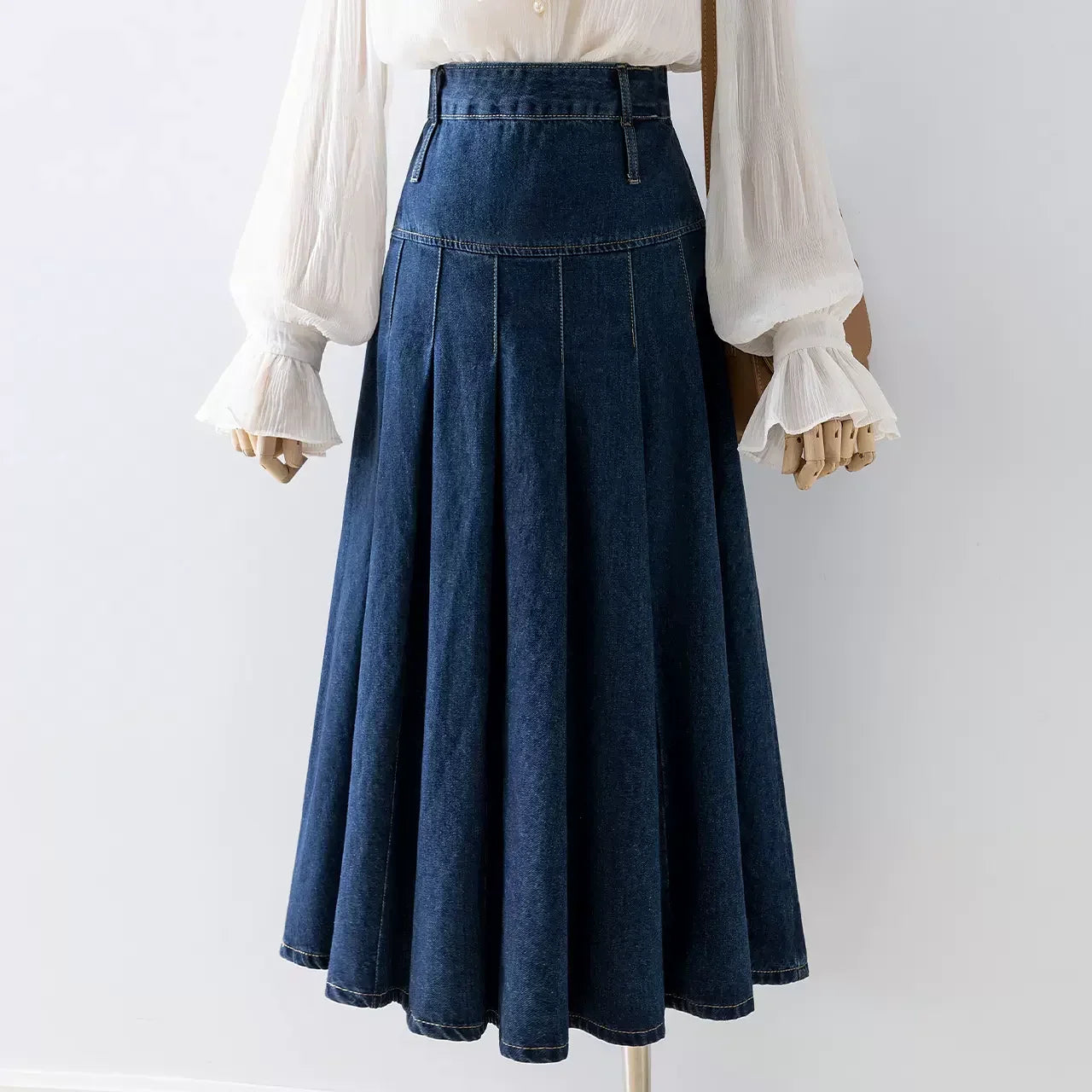 High Waist Pleated Denim Skirt