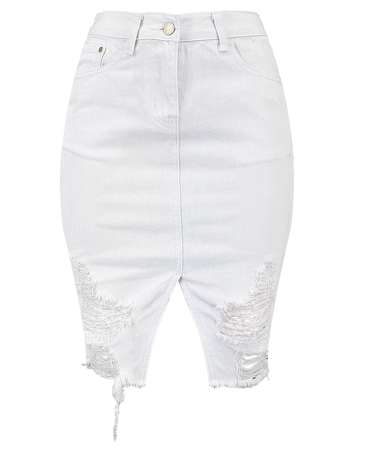 High Waisted White Denim Pencil Skirt