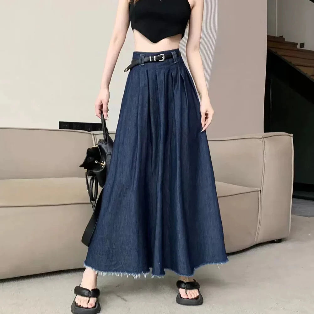 Long Denim Pleated Skirt