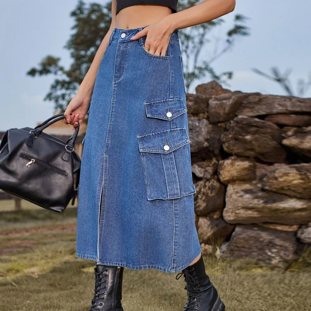 Midi Denim Cargo Skirt