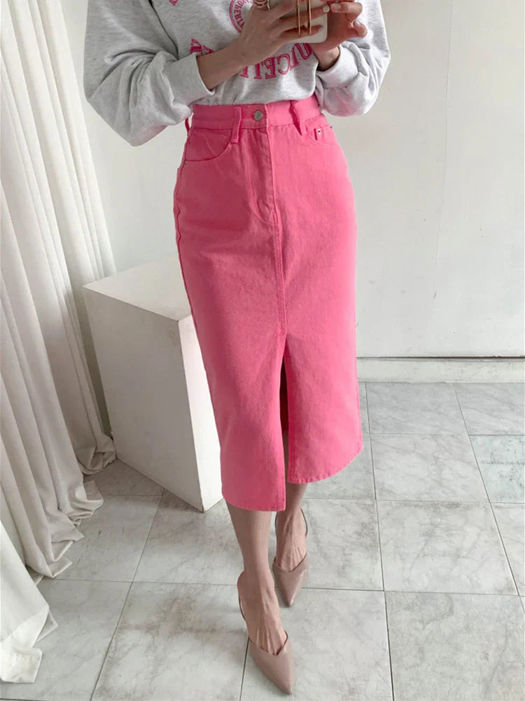 Pink Denim Midi Skirt