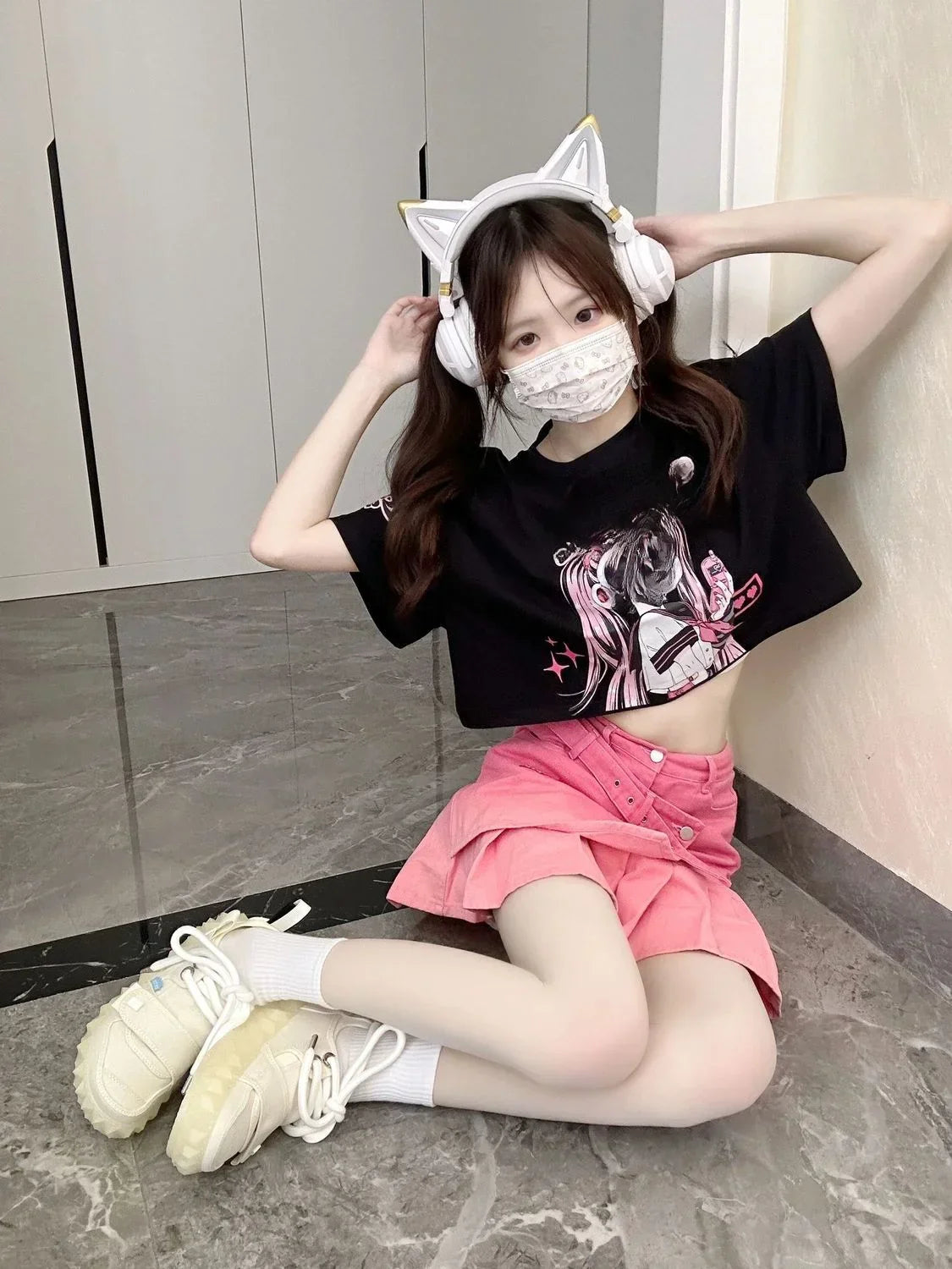 Pink Denim Pleated Skirt