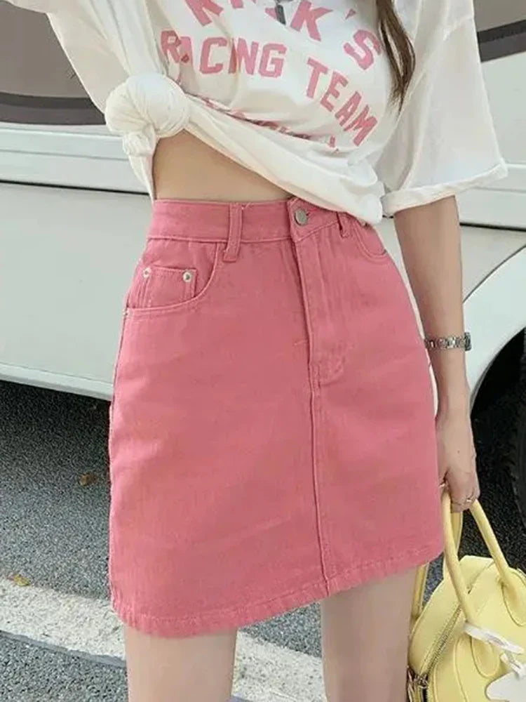 Pink High Waisted Denim Skirt