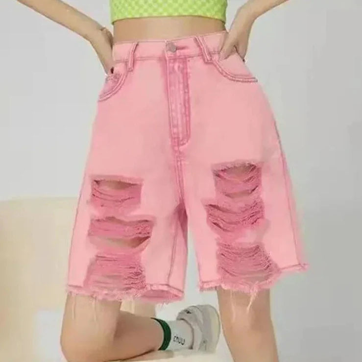 Pink Ripped Denim Shorts