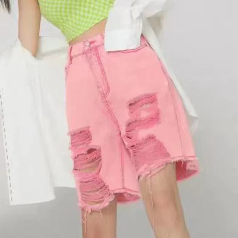 Pink Ripped Denim Shorts
