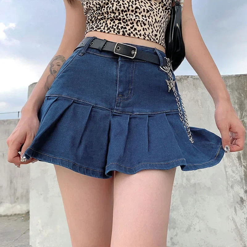 Pleated Denim Mini Skirt