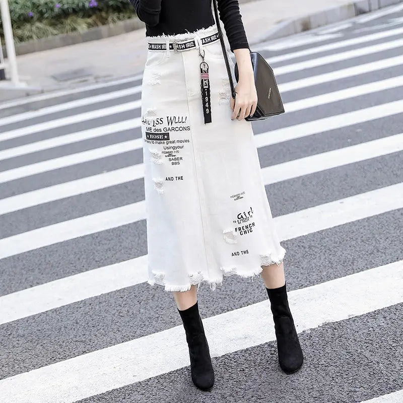 Printed White Denim Skirt