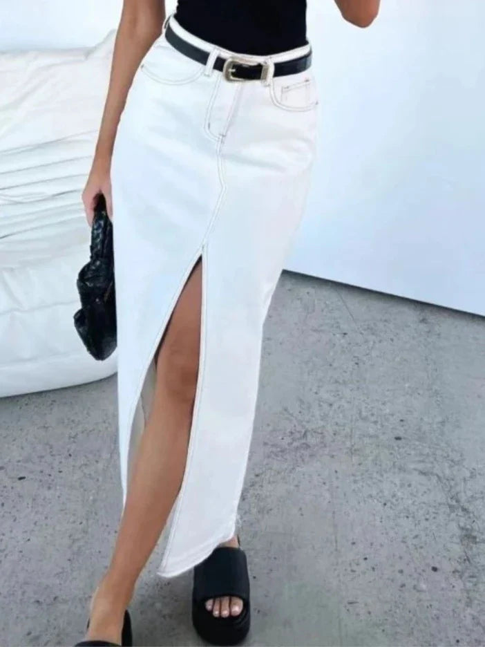 White Denim Split Skirt